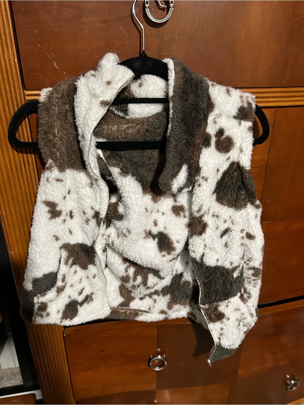 SHEIN Brown & White Faux Shearling Cow-Print Teddy Vest